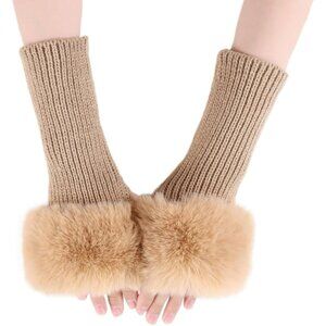 Women's Khaki Knitted Fingerless Faux Fur Wrist Cuff Thumb Hole Warmers Gloves